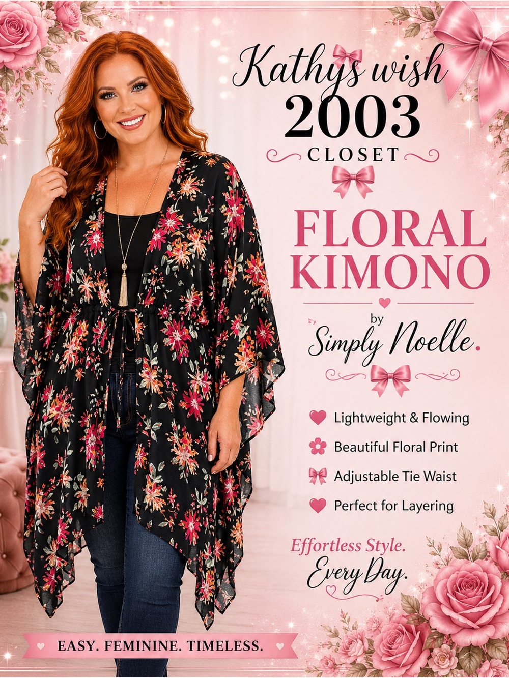 Simply Noelle Black Floral Kimono Tunic with Pink & Yellow Blooms